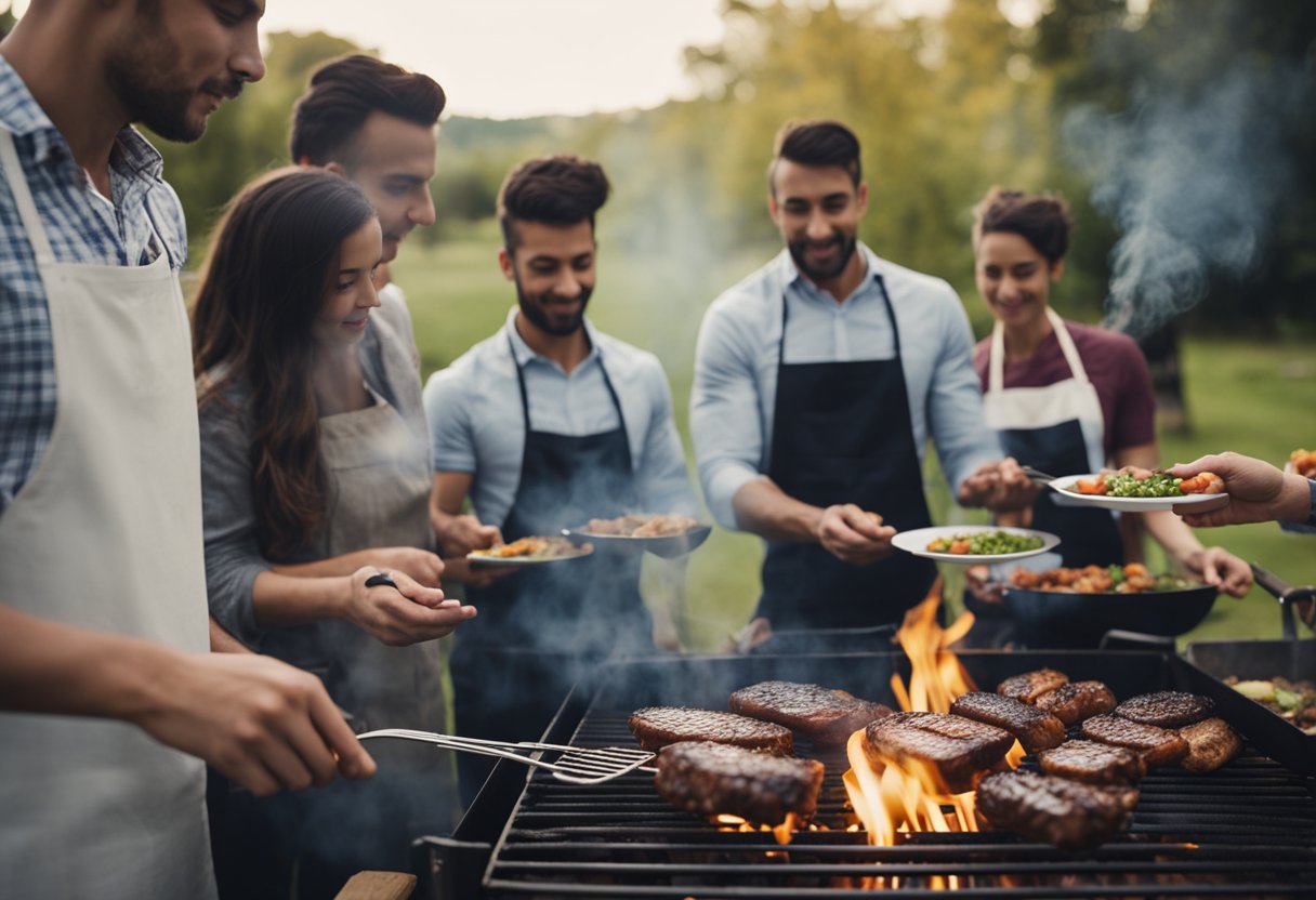 En gruppe mennesker samles rundt en brennende grill, og passer på sizzlende kjøtt og grønnsaker med ekspertpresisjon. Røyk suser oppover mens aromaen av grillet mat fyller luften.