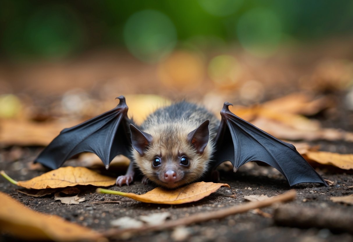 A baby bat lies on the ground, surrounded by fallen leaves and twigs. Its small body is covered in soft fur, and its wings are folded close to its sides