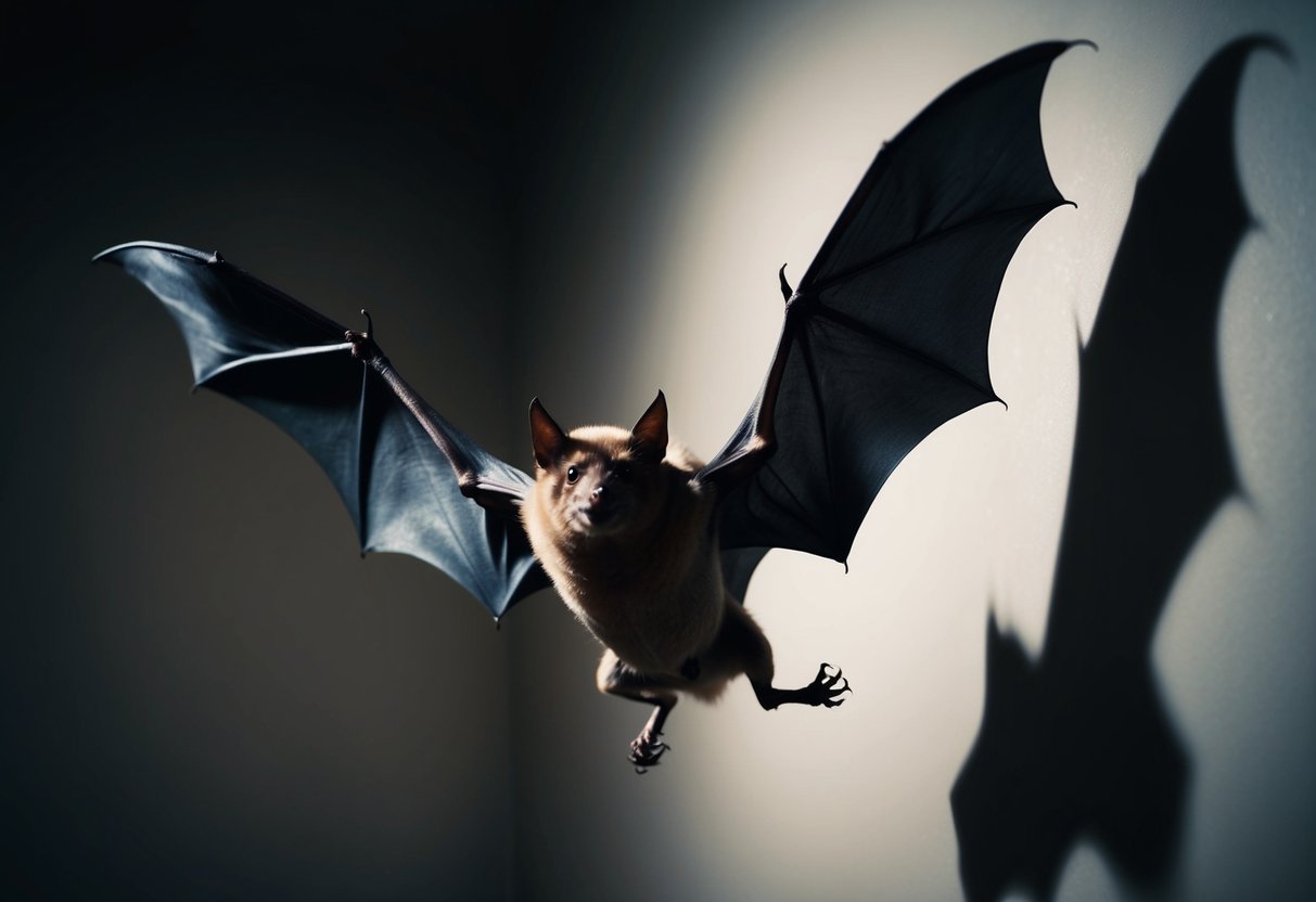 A bat flits through a dimly lit room, its wings casting eerie shadows against the walls