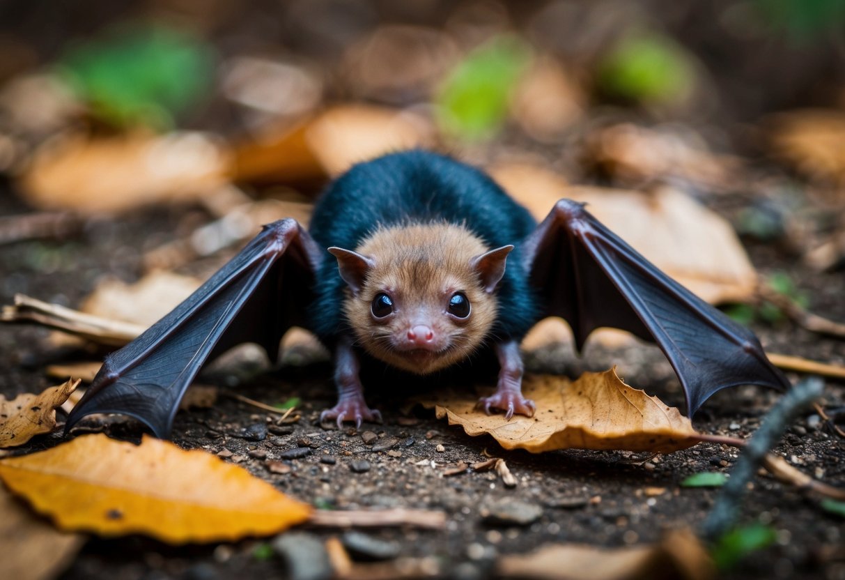 A small baby bat lies on the ground, surrounded by fallen leaves and twigs. It looks fragile and vulnerable, its tiny wings folded close to its body
