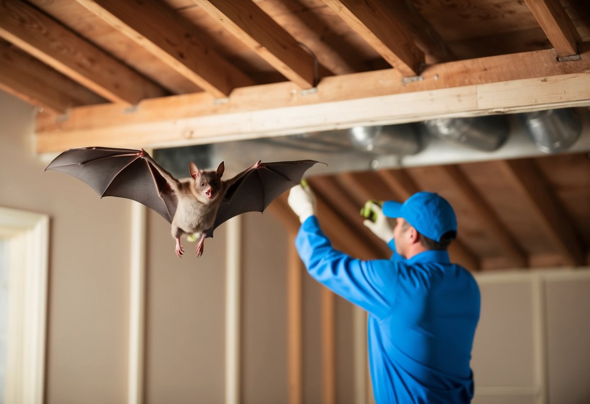 A bat flying out of an attic with a pest control professional sealing entry points
