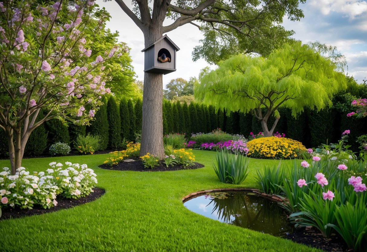 A lush garden with a bat house on a tall tree, surrounded by blooming flowers and a small pond