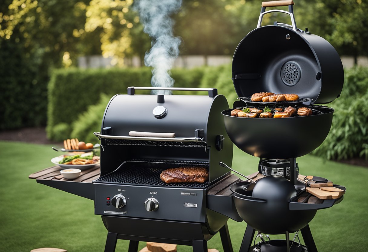 En røykgrill omgitt av ulike grillingstilbehør og utstyr, satt mot bakgrunnen av en bakgård eller utendørs miljø.