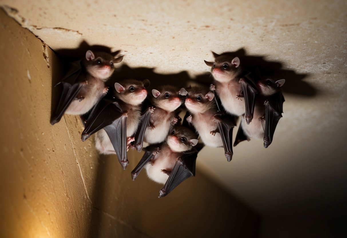 A group of baby bats clinging to the walls and ceiling inside a dimly lit attic, their small bodies huddled together as they emit high-pitched chirps