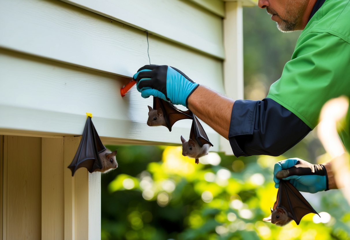 A bat-proofing expert sealing entry points on a house, while baby bats are safely removed and relocated