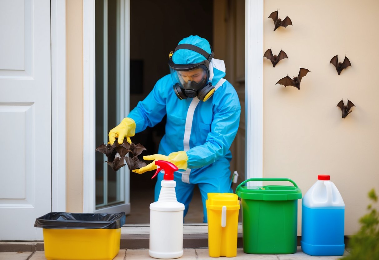A person in protective gear removes baby bats from a house. Cleaning supplies and disinfectant are ready for use