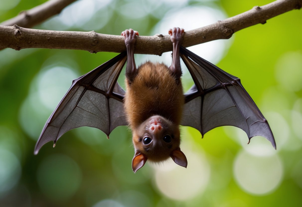 A baby bat hanging upside down from a tree branch, with its small wings spread out and its tiny face looking curiously at the viewer