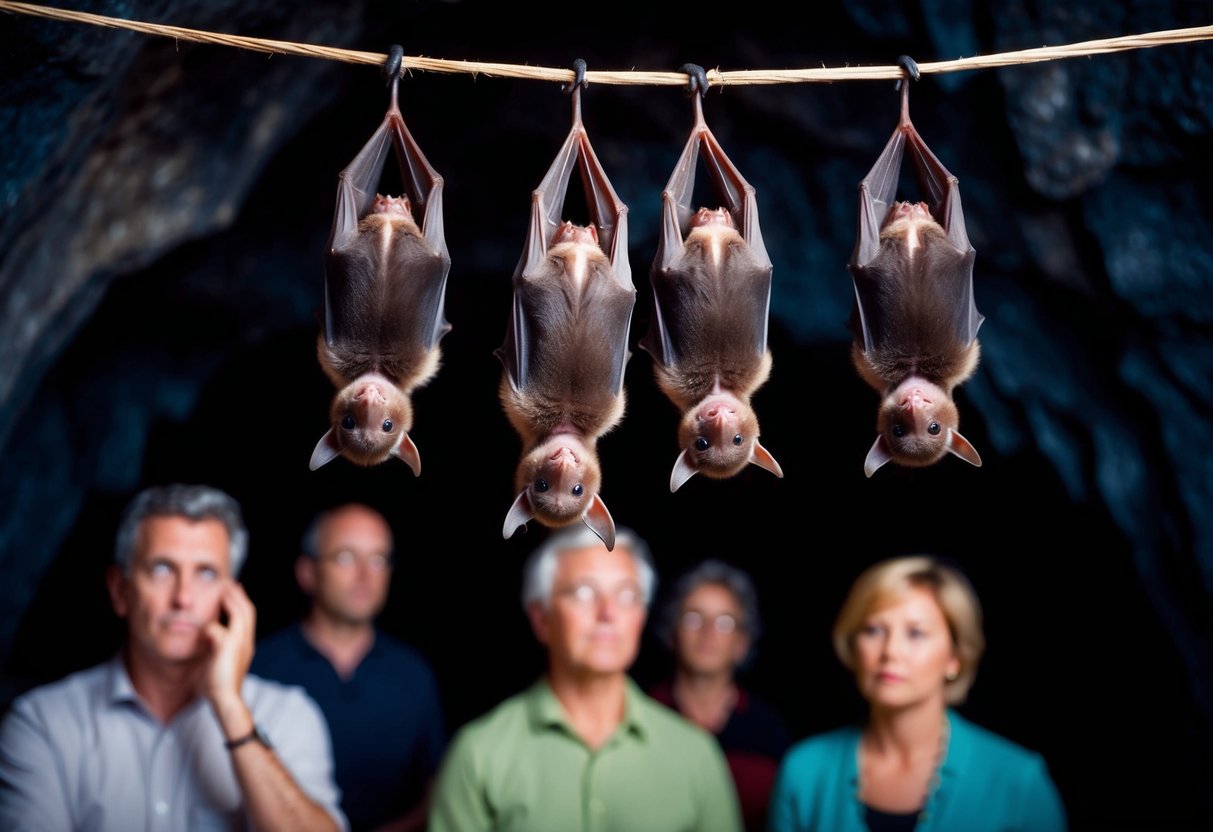 A group of baby bats hanging upside down in a dark cave, with concerned onlookers wondering about their potential health risks
