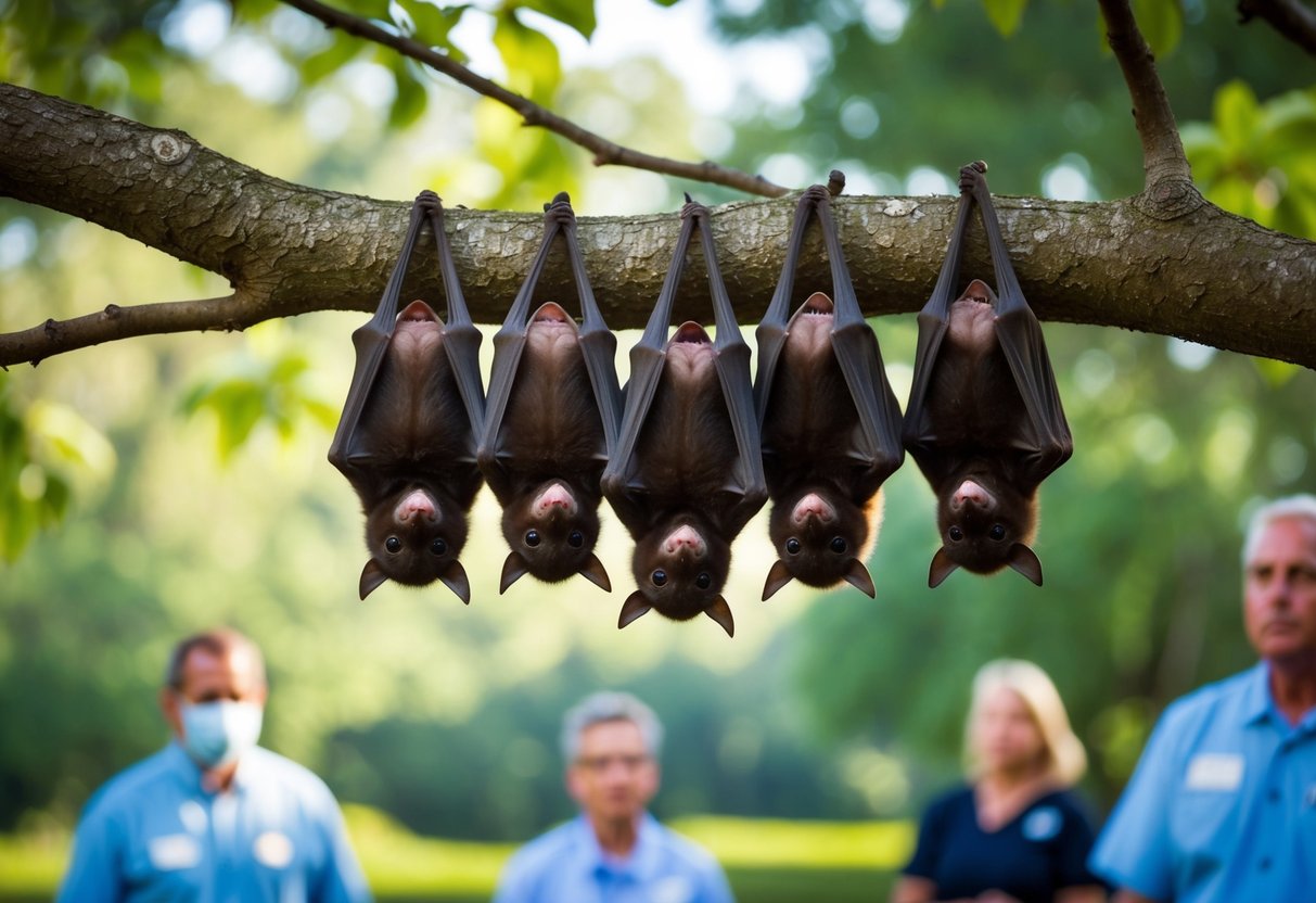 A group of baby bats hanging upside down from a tree branch, with concerned researchers and public health officials observing from a safe distance