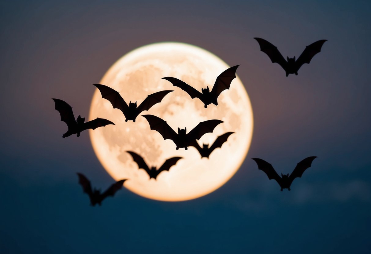 Bats fly under the moonlit sky, silhouetted against the dark night