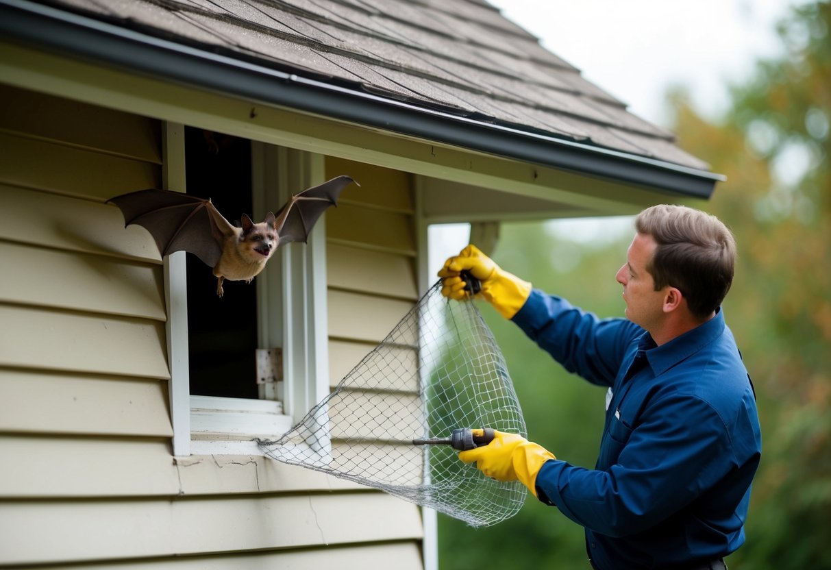 A bat flying out of a hole in a roof, while a professional seals the entry points with wire mesh and sealant