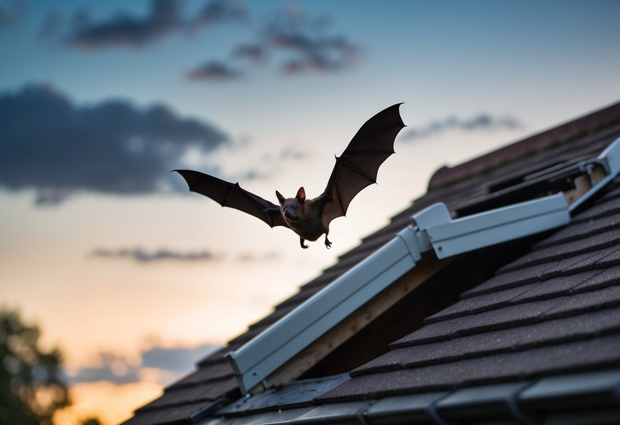 A bat flying out of a roof opening at dusk in the UK