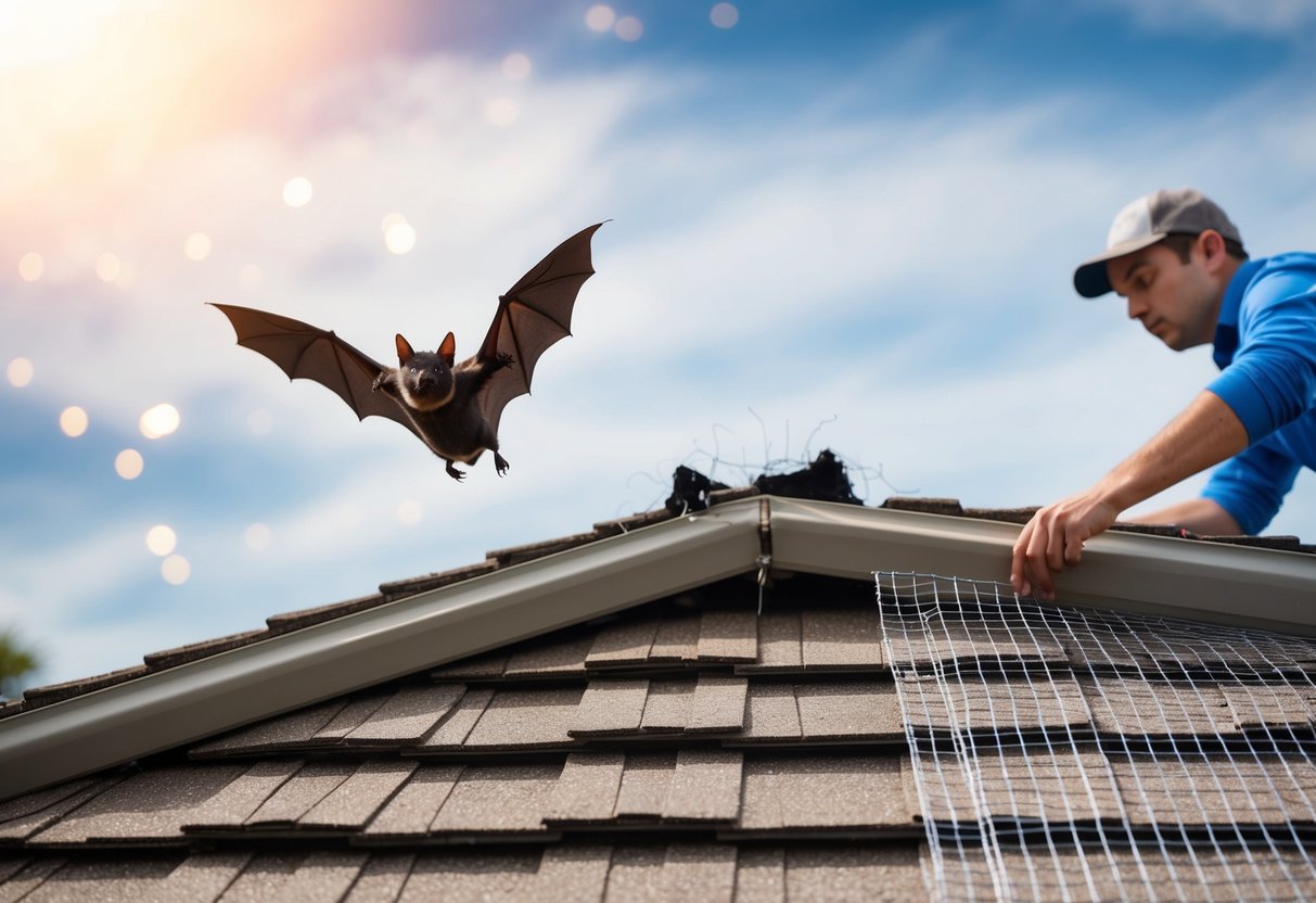 A bat flying out of a roof with a hole, while a person seals the entrance with wire mesh and sealant