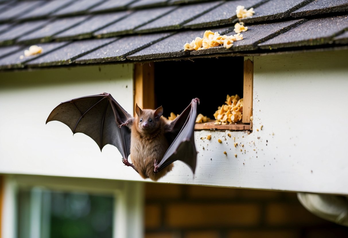 A bat flying out of a hole in a roof, with droppings and stains visible