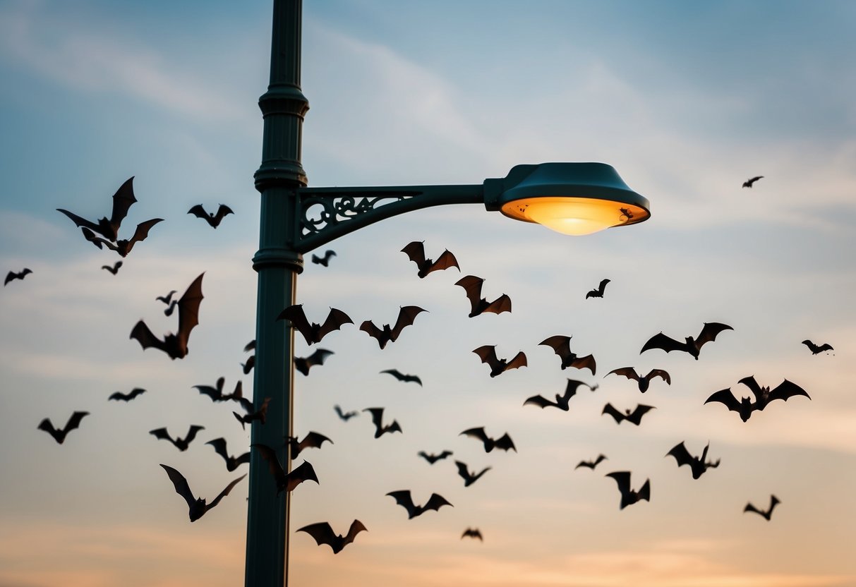 Bats swarm towards a streetlight, drawn by the insects buzzing around it