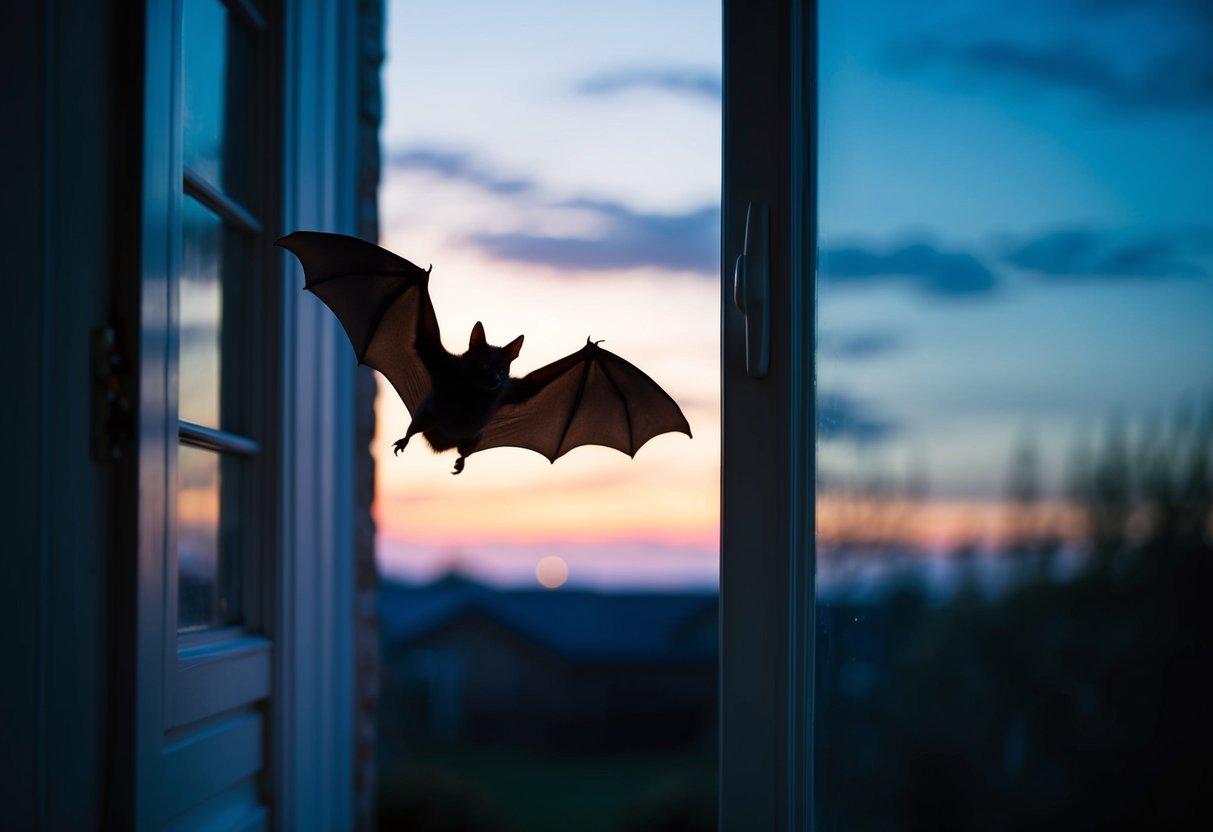 A bat flying out of an open window at dusk
