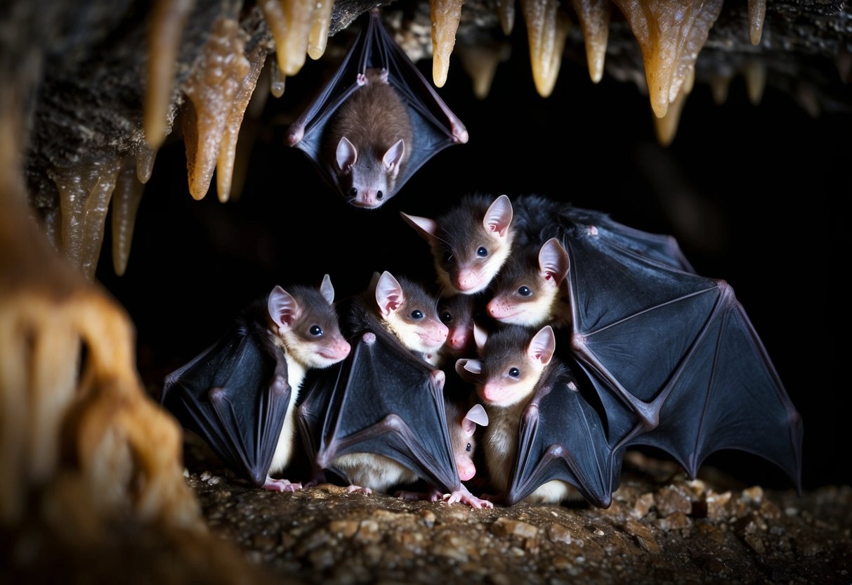 A cluster of baby bats huddle in a dark, damp cave, nestled among the stalactites. The mother bat hovers nearby, watching protectively over her young
