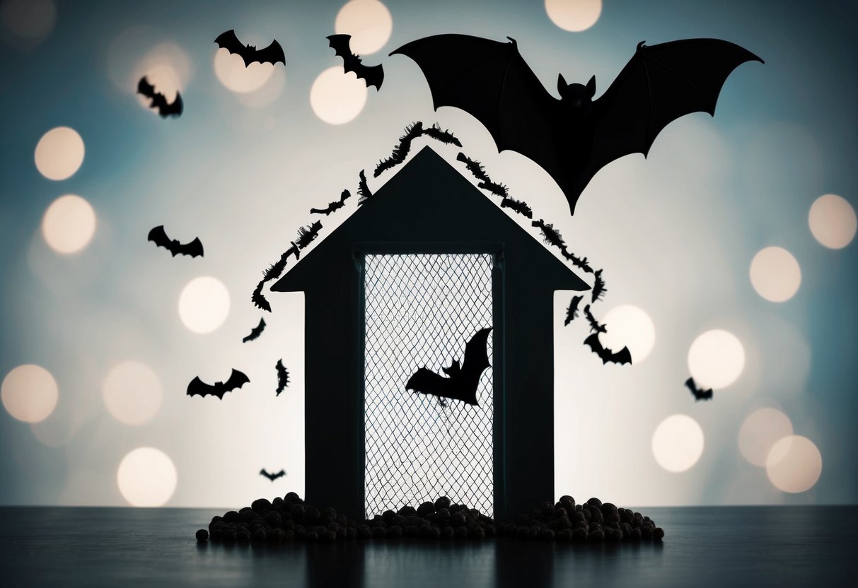 A silhouette of a house with a bat flying out and a mesh covering the entrance, surrounded by mothballs and sealed cracks