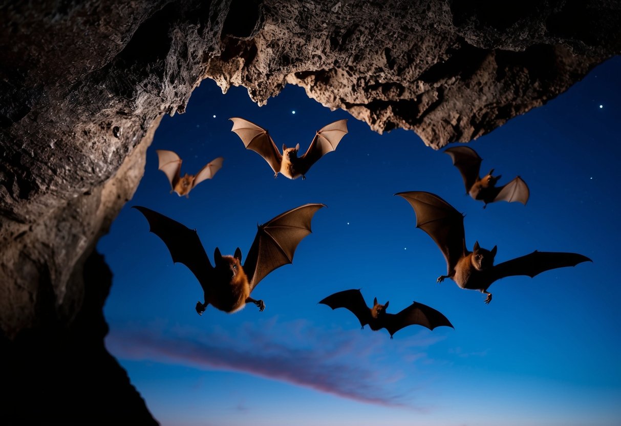 Bats emerge from a dark cave at dusk, flying in search of insects to eat