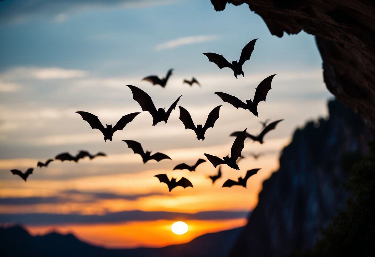 Bats flying out of a cave at dusk, silhouetted against the setting sun, in search of food
