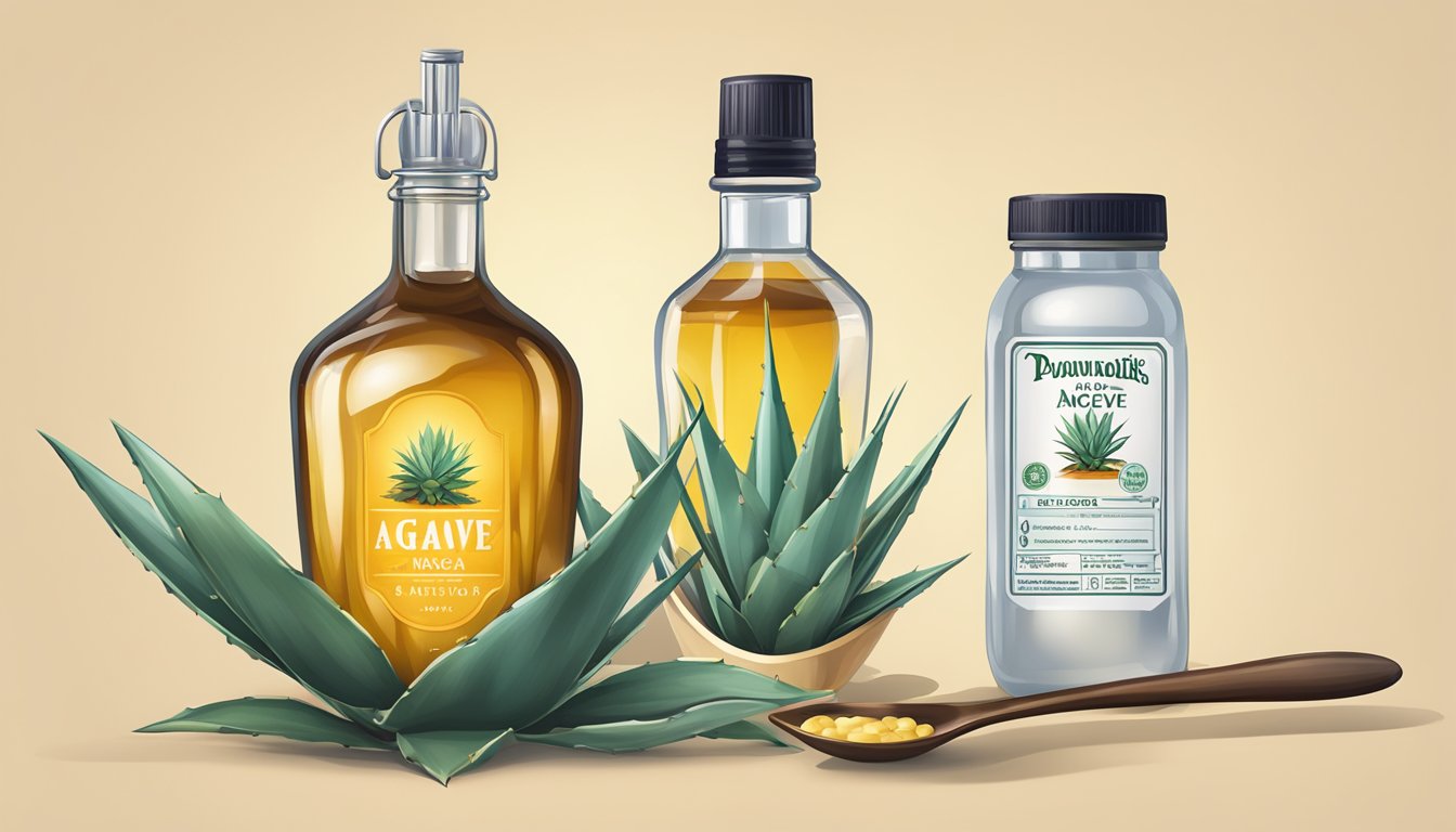 A jar of agave nectar next to a measuring spoon and a stalk of agave plant