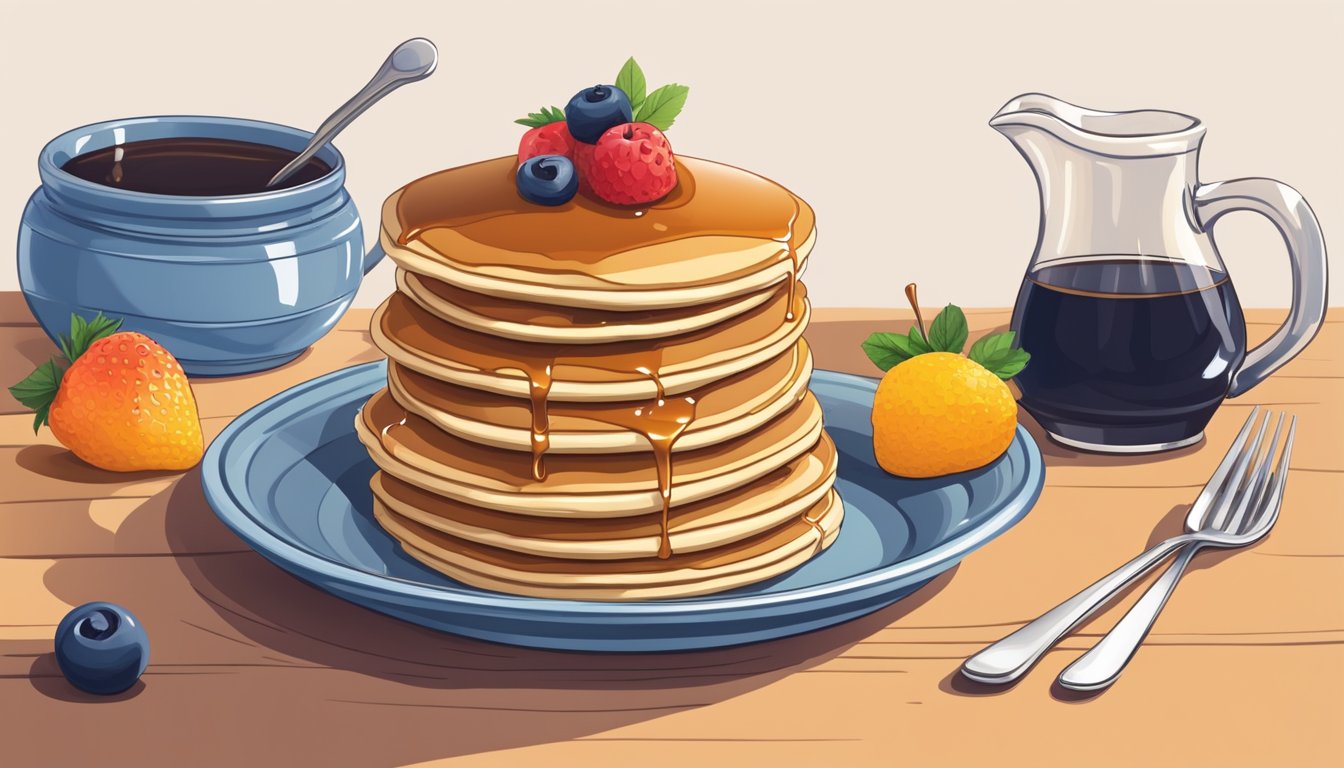 A stack of pancakes topped with a drizzle of maple syrup, next to a bowl of fresh fruit and a pitcher of syrup