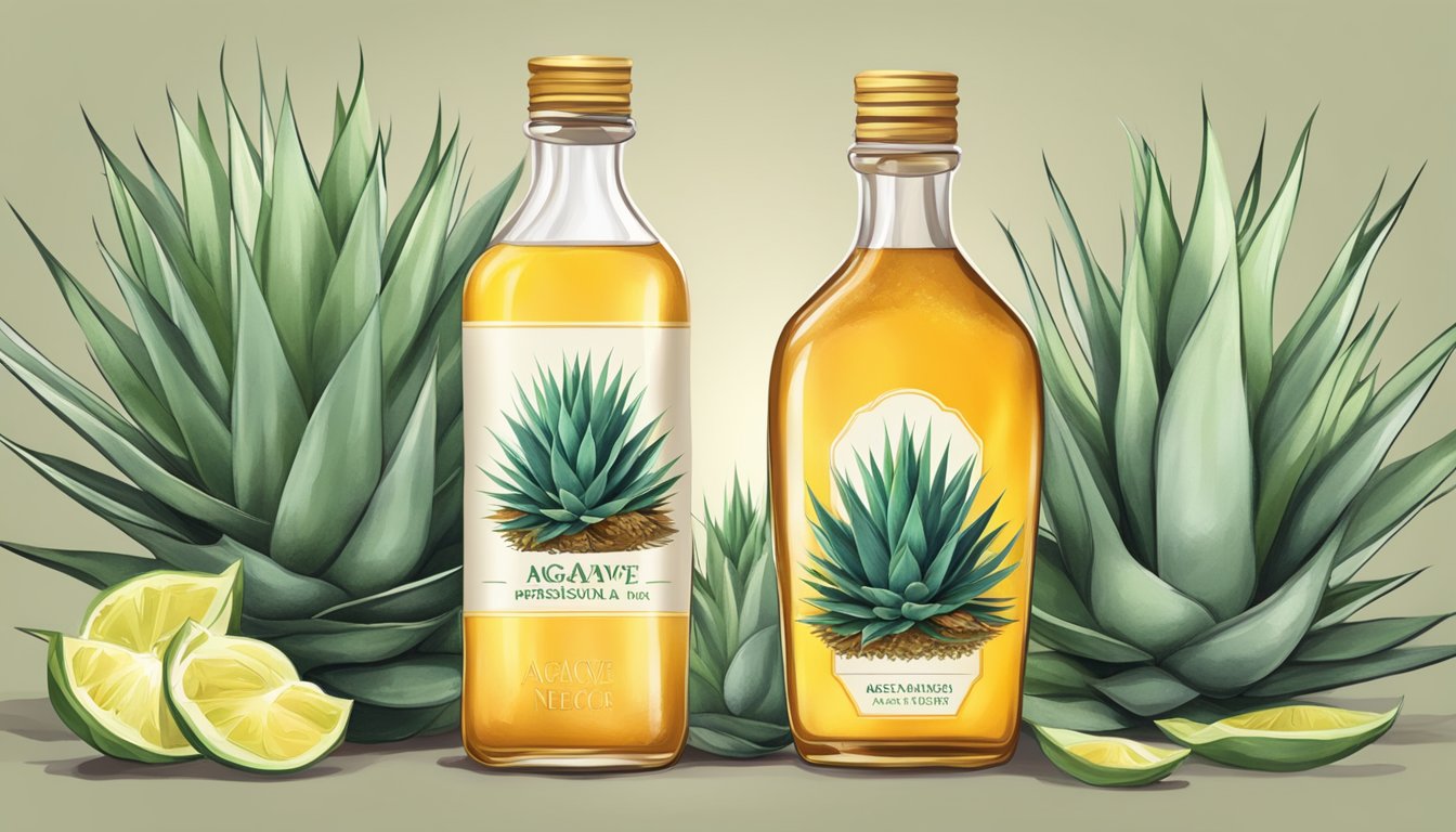 A glass jar of agave nectar surrounded by fresh agave plants