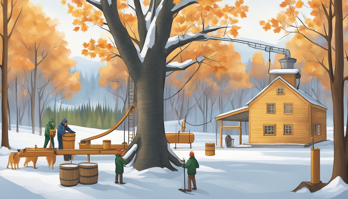 A maple tree being tapped for sap, which is then processed in a sustainable facility to produce high-quality maple syrup with a low glycemic index