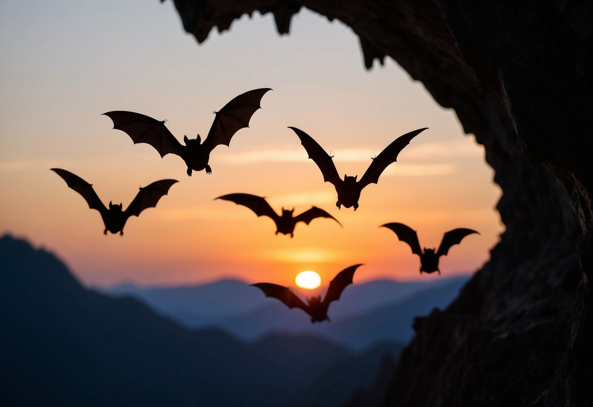 Bats flying out of a dark cave at dusk, silhouetted against the setting sun, as they head out to hunt for insects