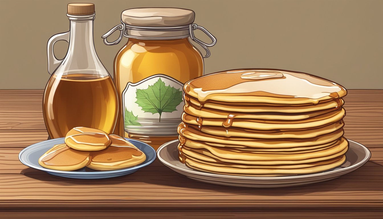 A glass bottle of maple syrup next to a stack of pancakes on a wooden table