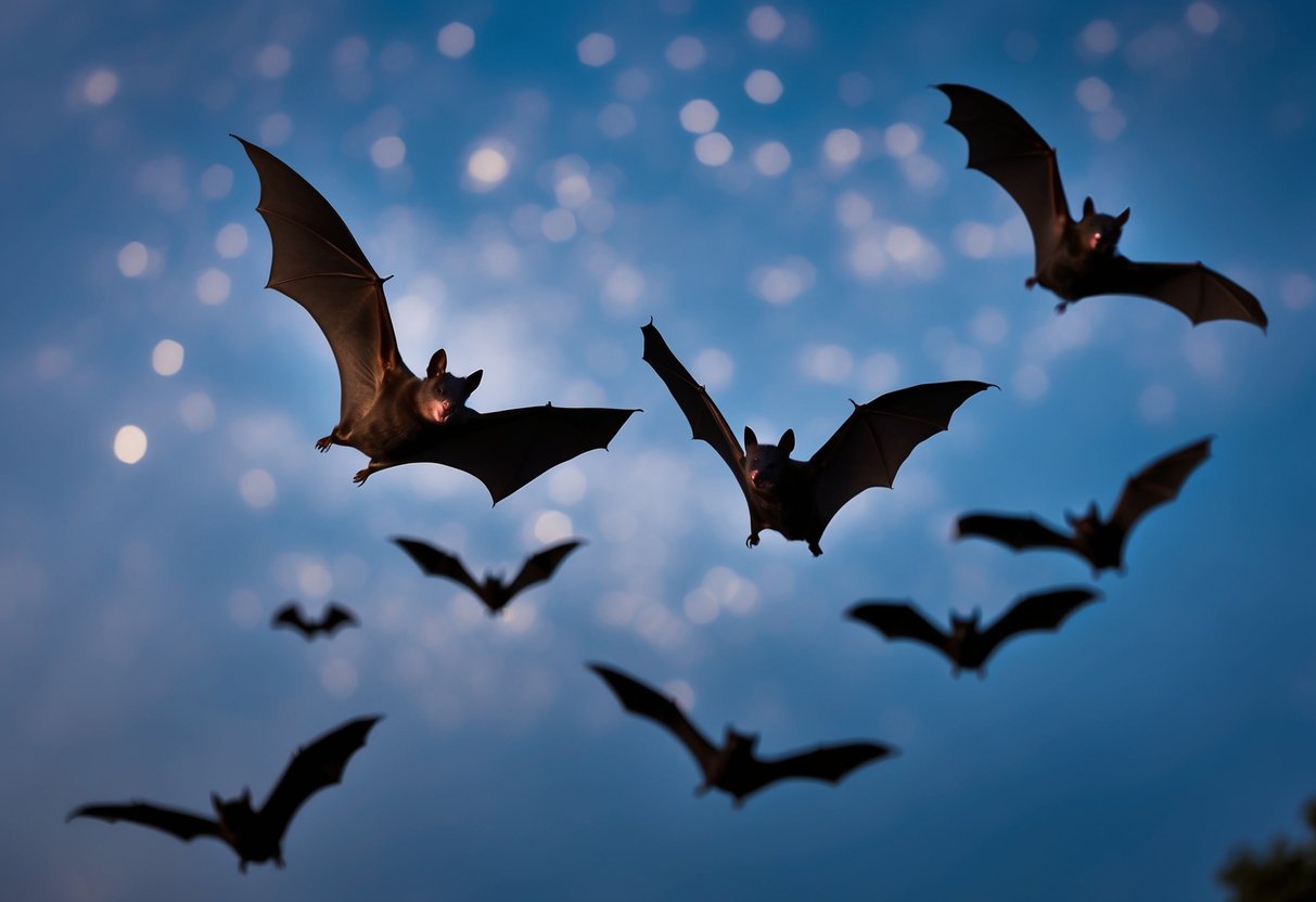 Bats flying into the night sky, vanishing into the darkness