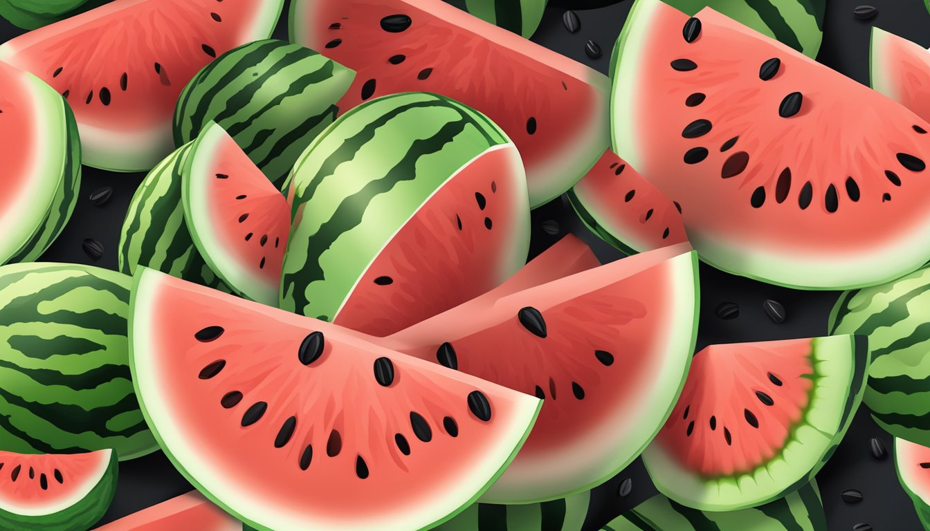 A watermelon sliced open, with a close-up of its juicy, red flesh and black seeds, surrounded by its green rind