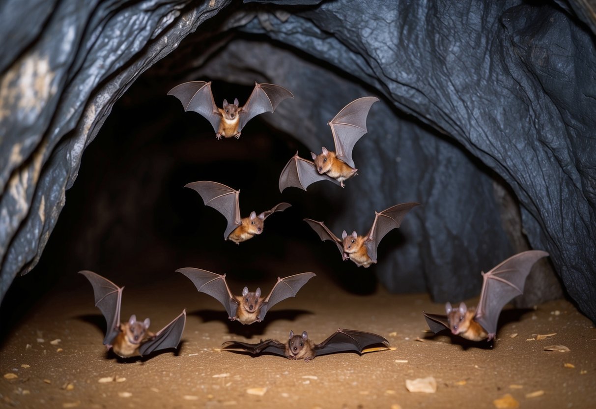 A group of bats swooping and circling around a dimly lit cave entrance