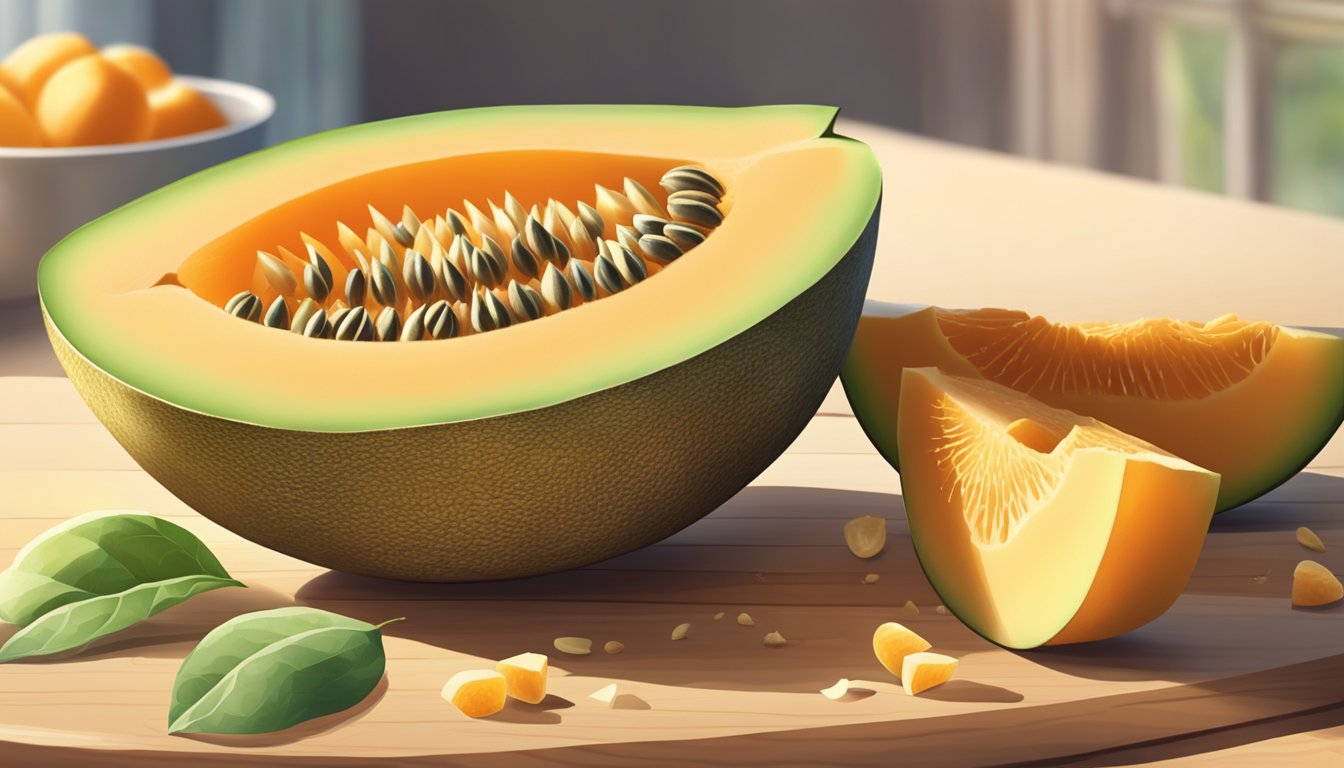 A ripe cantaloupe sits on a wooden cutting board, surrounded by scattered seeds. Sunlight filters through a nearby window, casting soft shadows on the fruit's textured rind