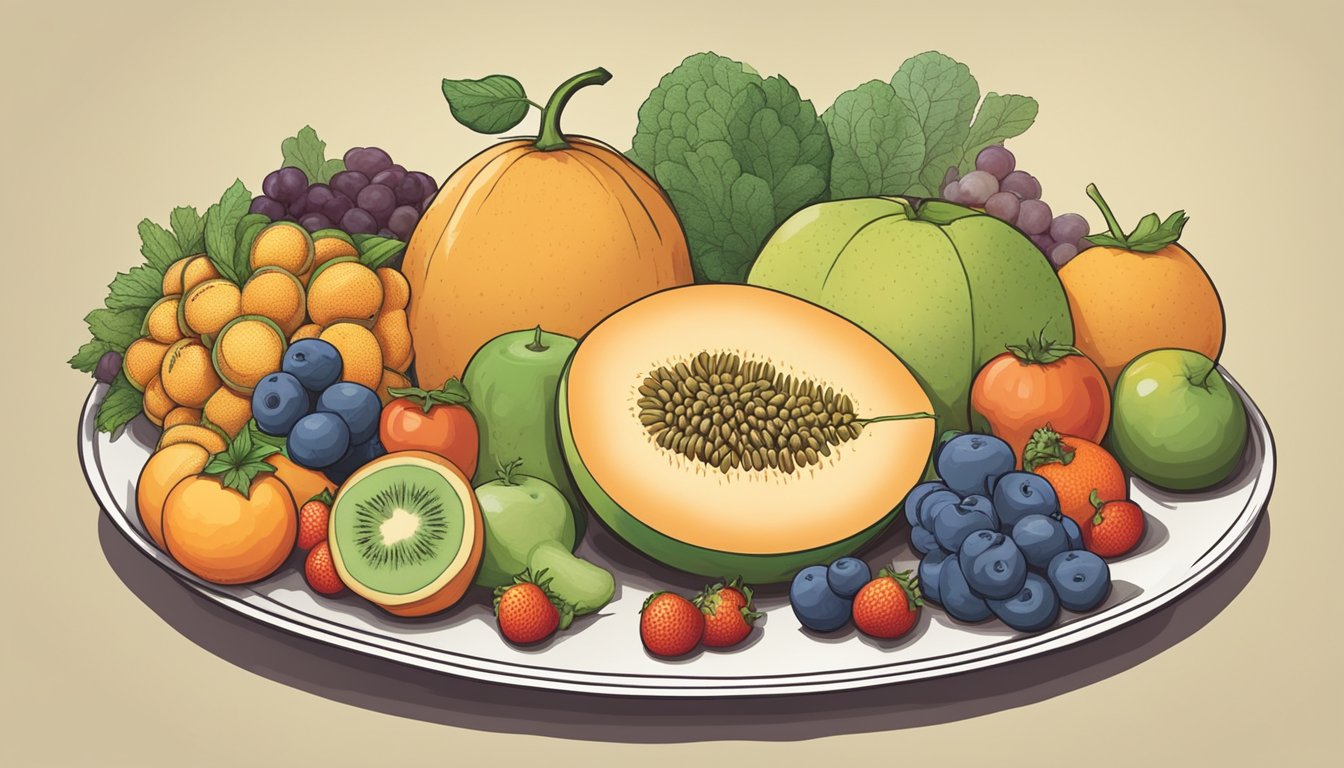 A cantaloupe surrounded by a variety of fruits and vegetables on a plate, representing a balanced diet