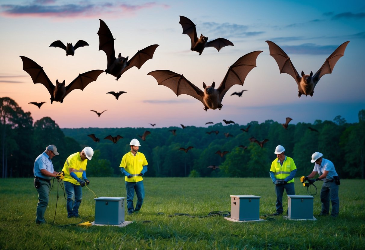 A group of bats flying over a forest at dusk, with conservationists setting up bat boxes and monitoring equipment