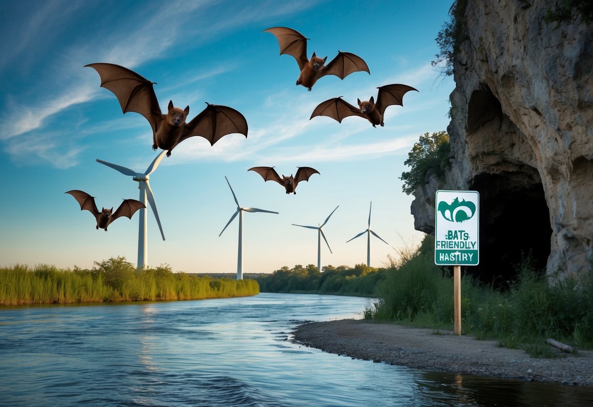 A group of bats flying near a polluted river, with a nearby wind turbine and a cave entrance with a sign for a bat-friendly habitat