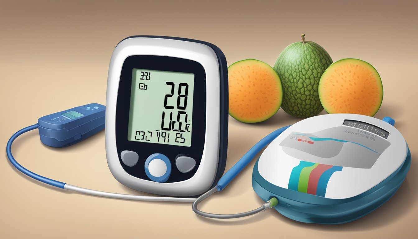 A cantaloupe next to a blood sugar monitor with a graph showing a spike, symbolizing the impact on blood sugar and diabetes