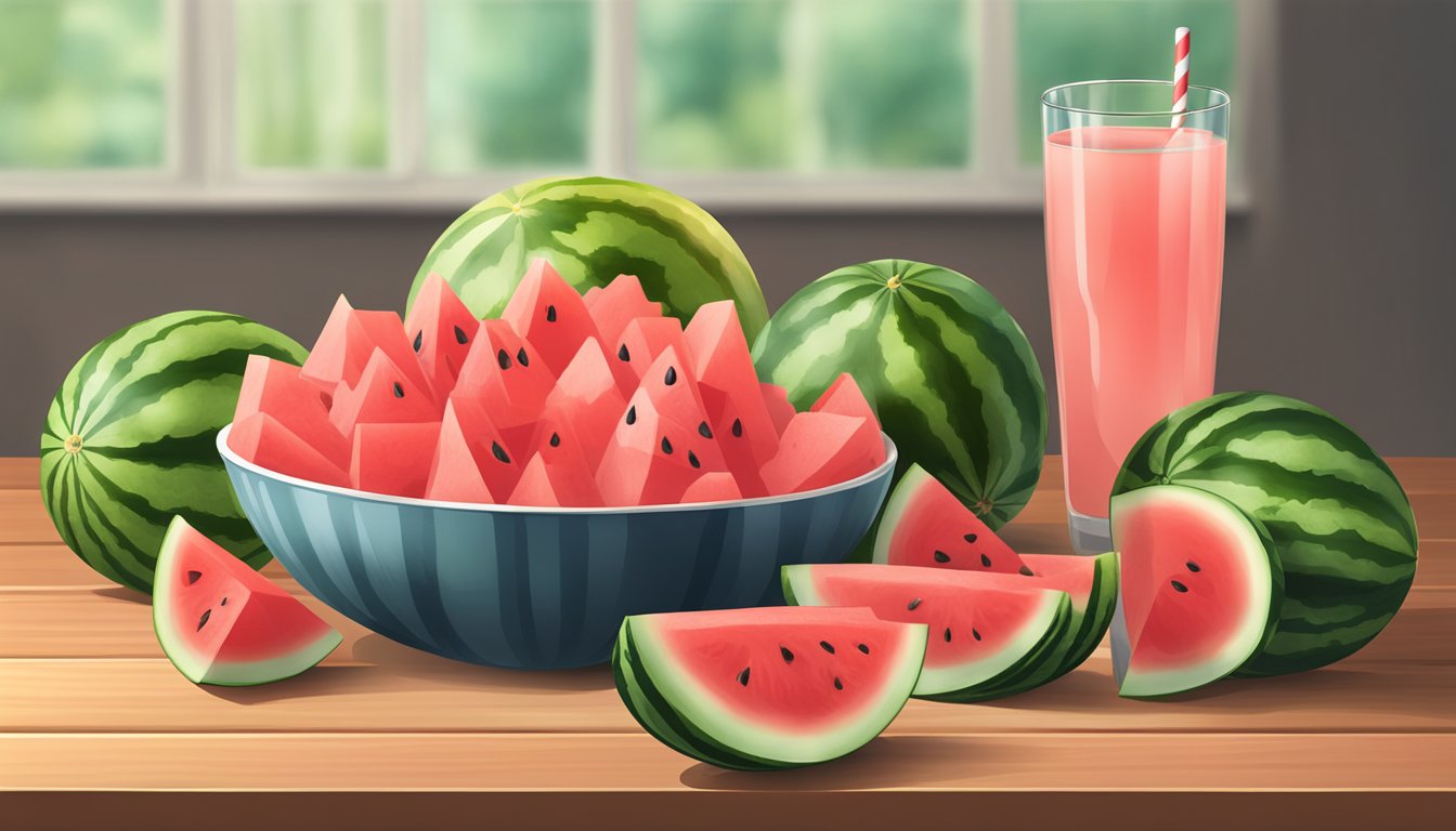 A watermelon sliced into wedges, a glass of watermelon juice, and a bowl of diced watermelon on a wooden table