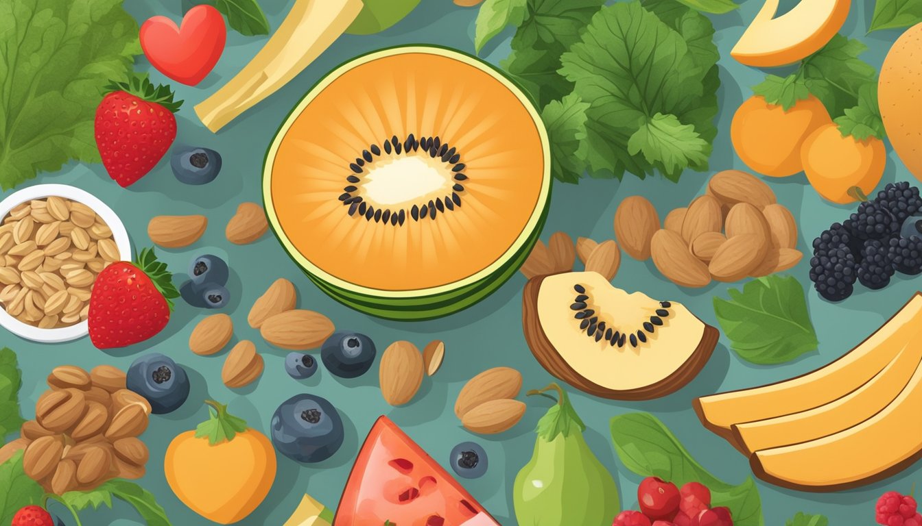 A ripe cantaloupe surrounded by heart-healthy foods like nuts, berries, and leafy greens, with a heart rate monitor in the background