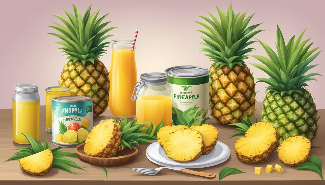 A variety of pineapple products arranged on a table, including fresh fruit, juice, canned slices, and a pineapple-themed cookbook