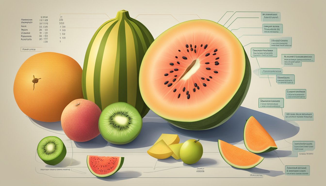 A ripe cantaloupe surrounded by a variety of fruits, with a glycemic index chart in the background