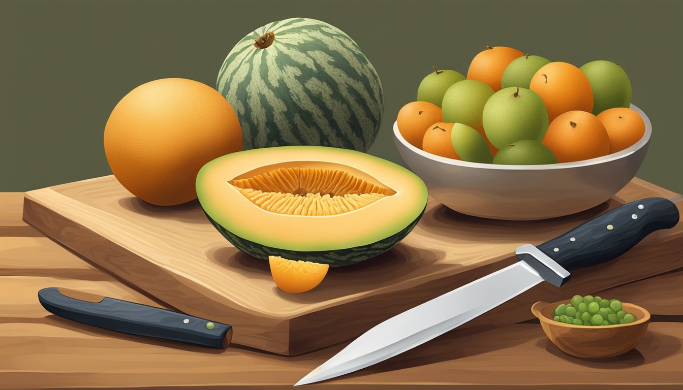 A ripe cantaloupe surrounded by assorted fruits on a wooden cutting board, with a knife and serving platter nearby