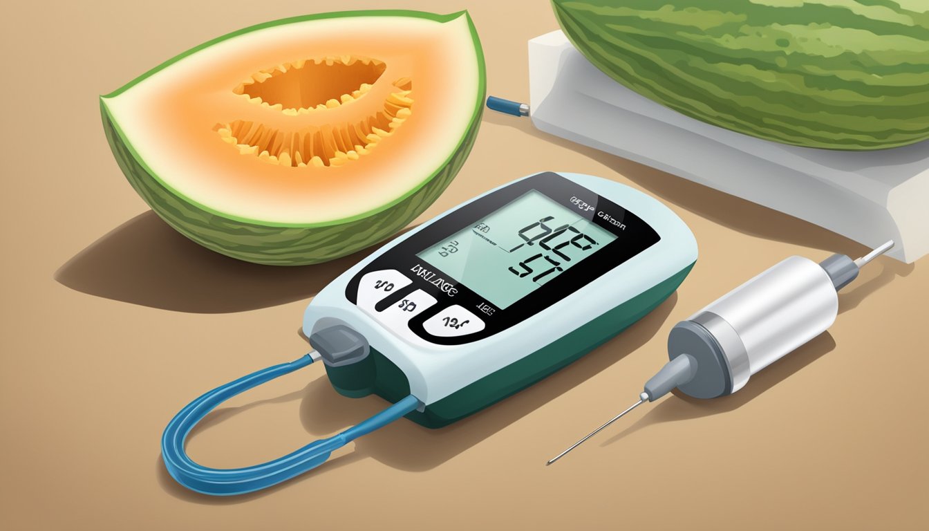 A cantaloupe and a glucose meter side by side on a table