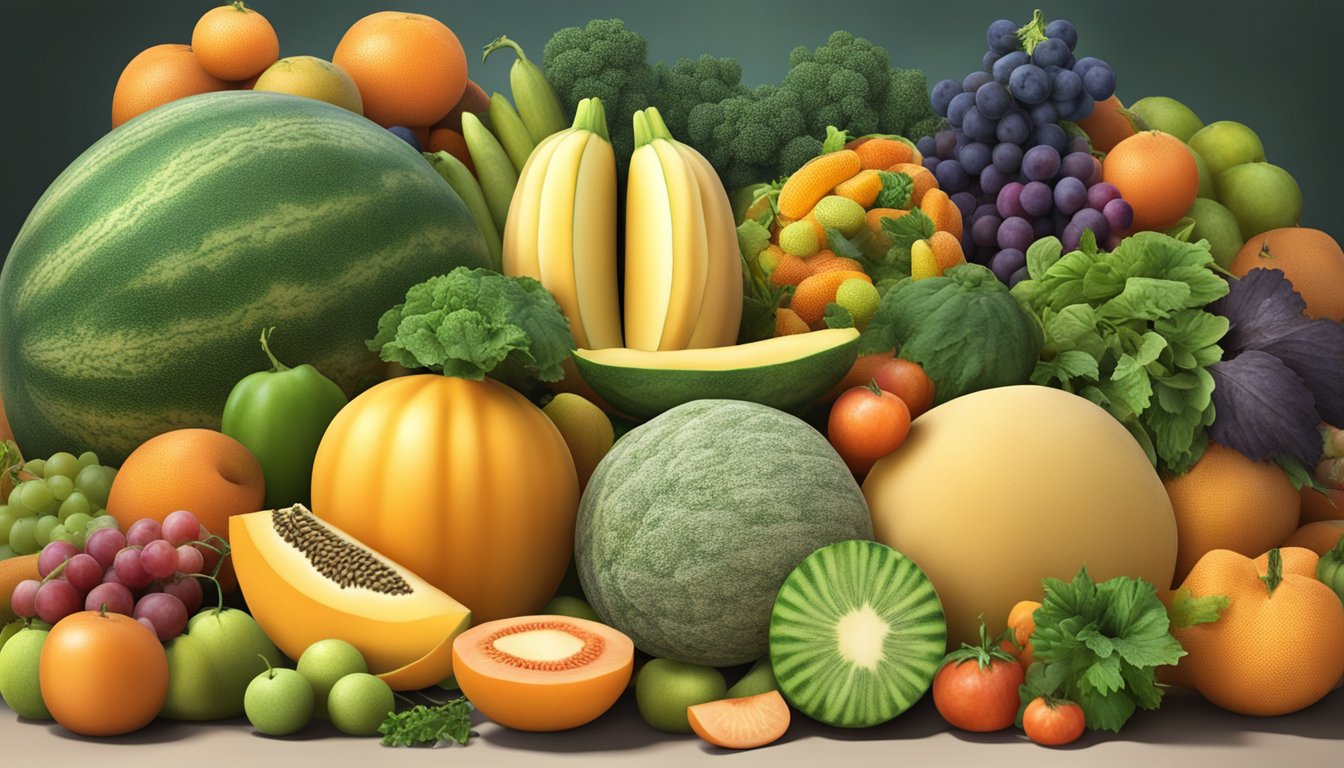 A cantaloupe surrounded by a variety of fruits and vegetables, with a focus on the cantaloupe's texture and color