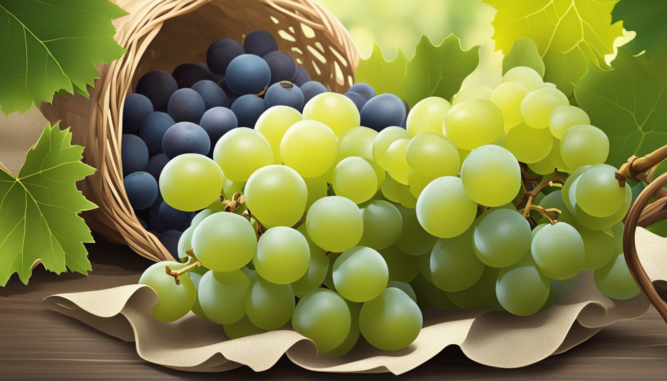 A cluster of ripe grapes surrounded by leaves, with a nutrition label showing the glycemic index value