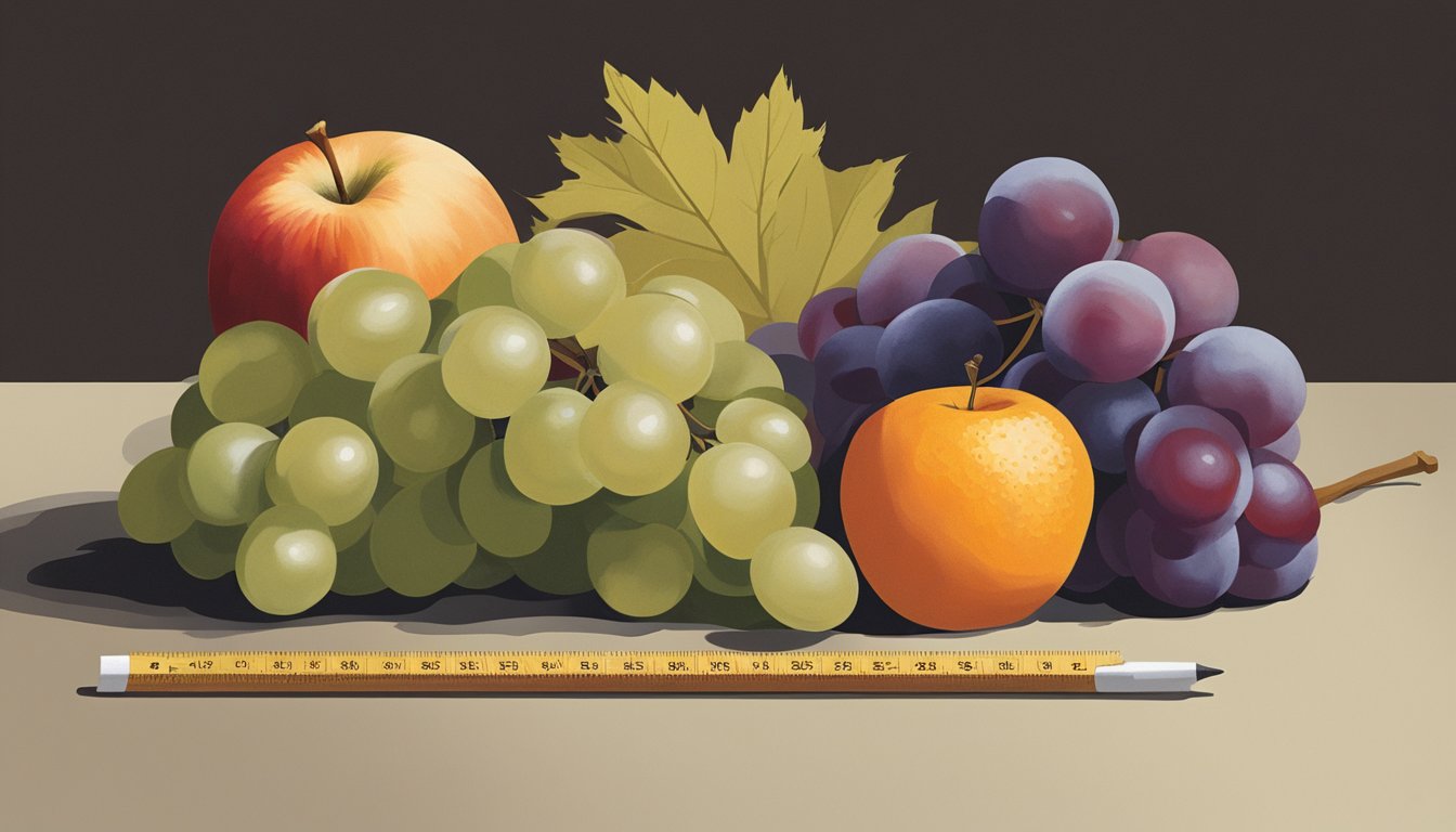 A cluster of grapes sits beside a ruler, an apple, and an orange, emphasizing their size difference