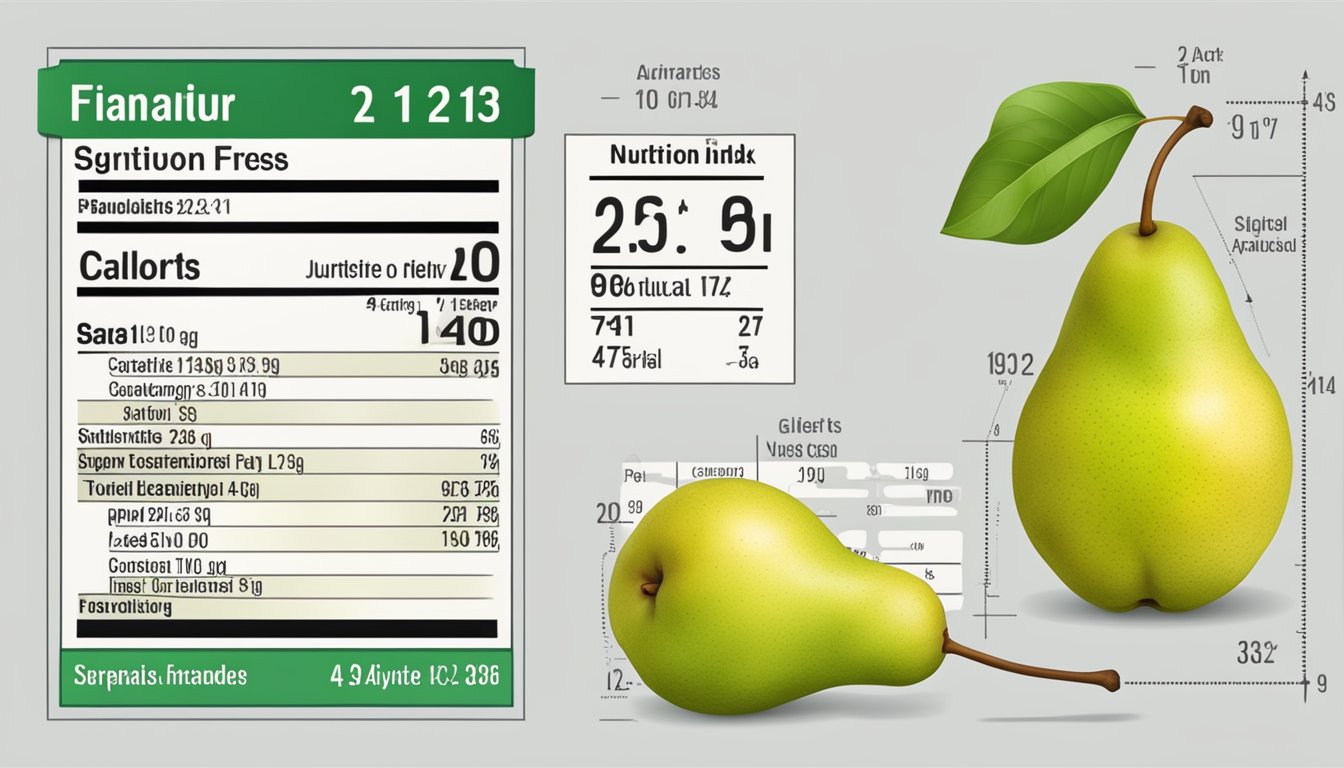 A ripe pear with a nutrition label and a glycemic index chart displayed next to it