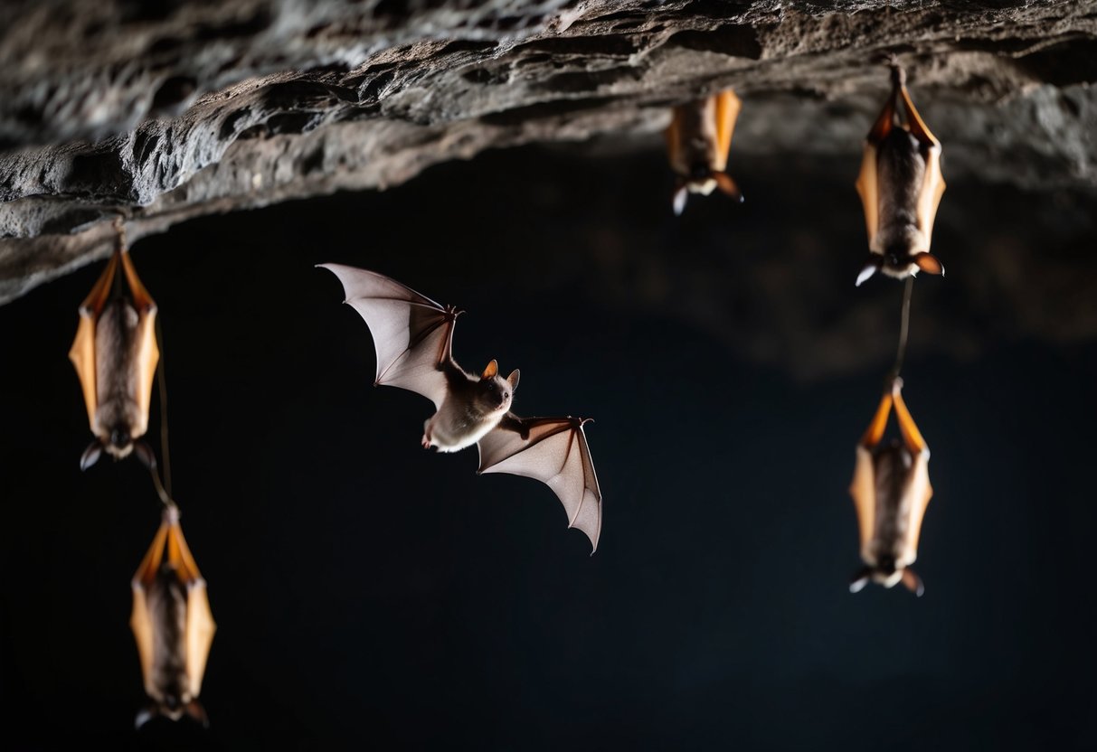 A bat flying over a dark, eerie cave, surrounded by other bats hanging upside down