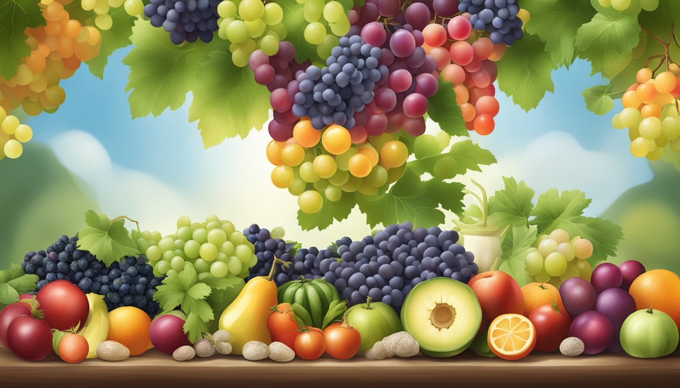 A cluster of ripe grapes surrounded by various fruits and vegetables, with a glowing halo representing their health benefits beyond glycemic index